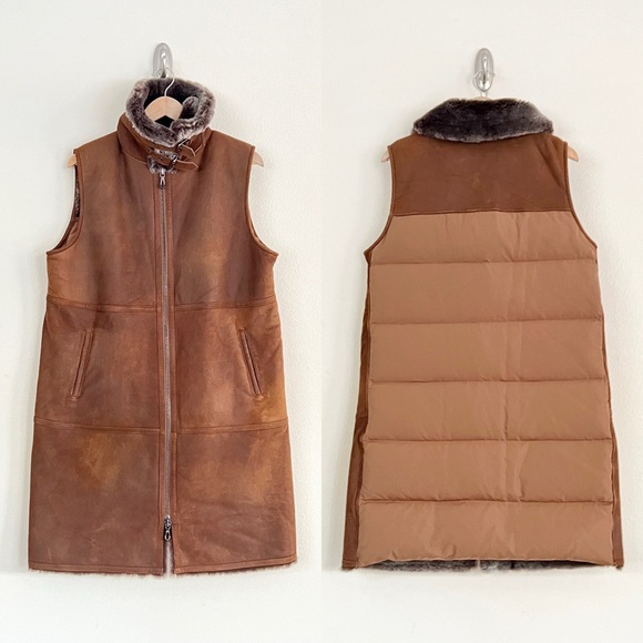 WOLFIE FUR Merino Shearling Long Goose Down Puffer Vest in Tabacco Brown
